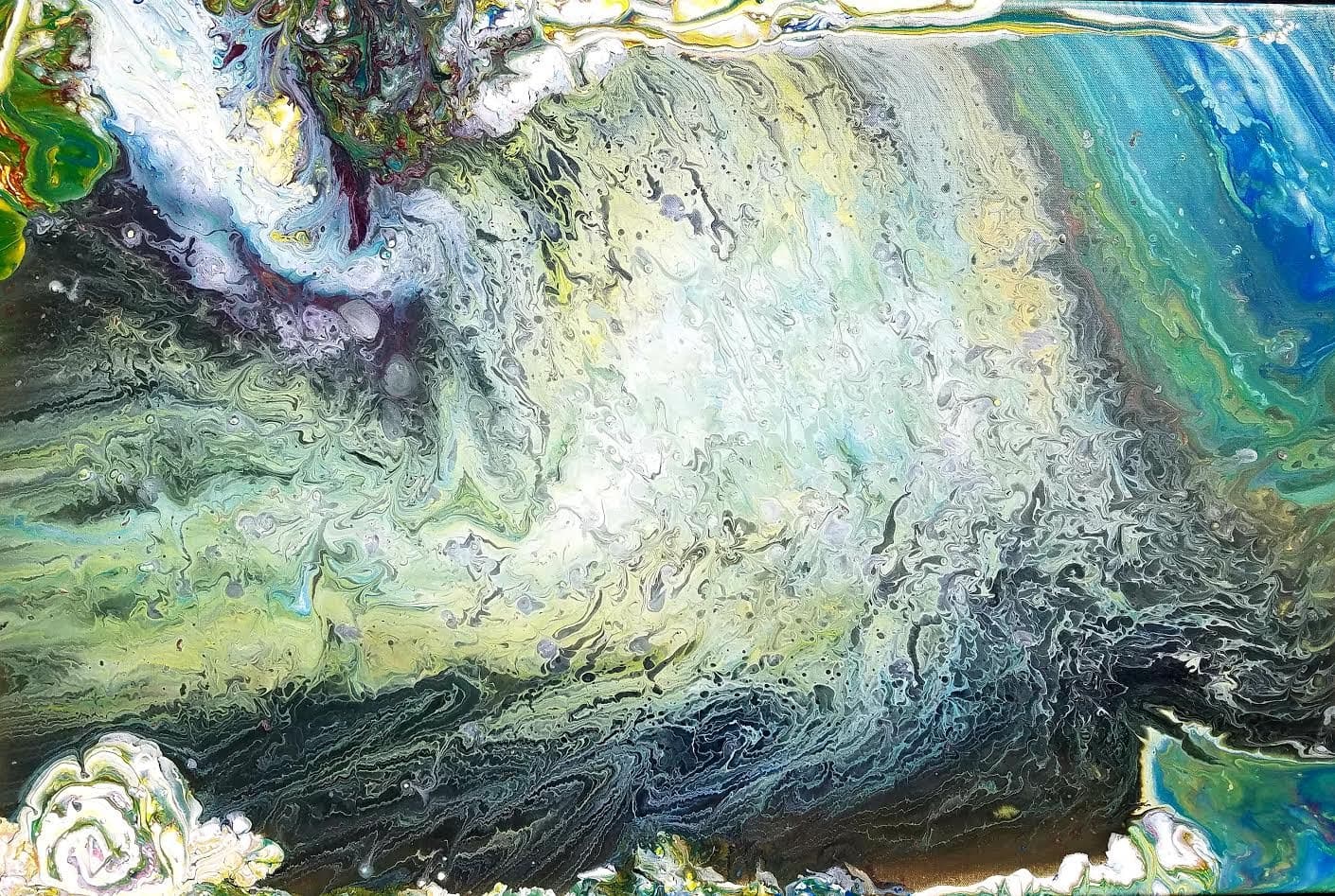 Fluid acrylic pour painting in luminous greens, teal, yellow-gold and white, suggestive of breaking atmosphere or water viewed from above